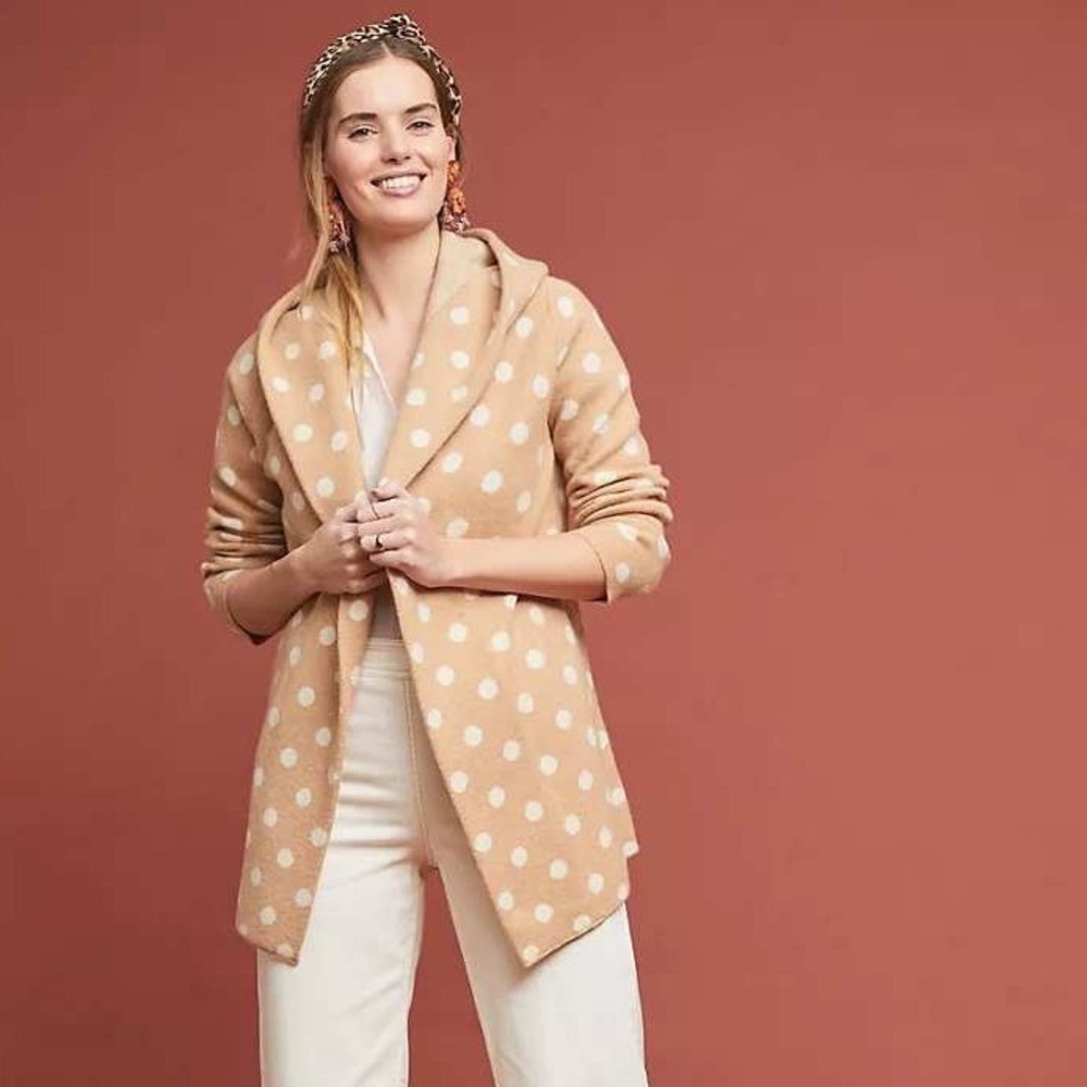 Anthropologie Field Flower Dottie Sweater Coat Hooded Wool‎ Polka Dot Large P